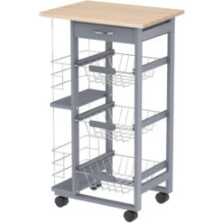 HOMCOM Chariot De Service Desserte De Cuisine à Roulettes Multi-rangements 3 Paniers Métal Tiroir + 2 Range-bouteilles Bois Pin Gris