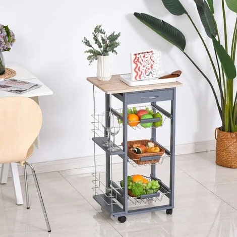 HOMCOM Chariot De Service Desserte De Cuisine à Roulettes Multi-rangements 3 Paniers Métal Tiroir + 2 Range-bouteilles Bois Pin Gris 4 HOMCOM Chariot De Service Desserte De Cuisine à Roulettes Multi-rangements 3 Paniers Métal Tiroir + 2 Range-bouteilles Bois Pin Gris – Image 2