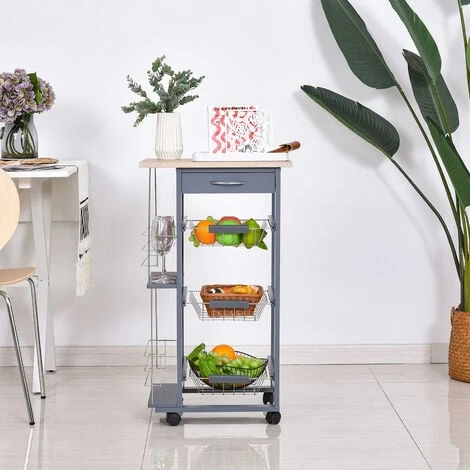 HOMCOM Chariot De Service Desserte De Cuisine à Roulettes Multi-rangements 3 Paniers Métal Tiroir + 2 Range-bouteilles Bois Pin Gris 6 HOMCOM Chariot De Service Desserte De Cuisine à Roulettes Multi-rangements 3 Paniers Métal Tiroir + 2 Range-bouteilles Bois Pin Gris – Image 4
