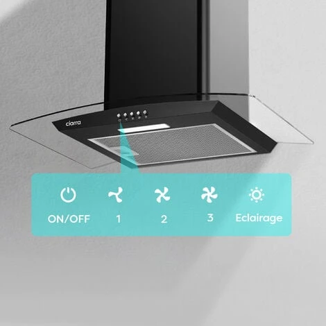 CIARRA Hotte Aspirante 60cm 650m3/h Classe A++ 1pcs Filtre Actif 3 Vitesses Recyclage Evacuation Verre & Noir - 506BK60 4 CIARRA Hotte Aspirante 60cm 650m3/h Classe A++ 1pcs Filtre Actif 3 Vitesses Recyclage Evacuation Verre & Noir - 506BK60 – Image 2