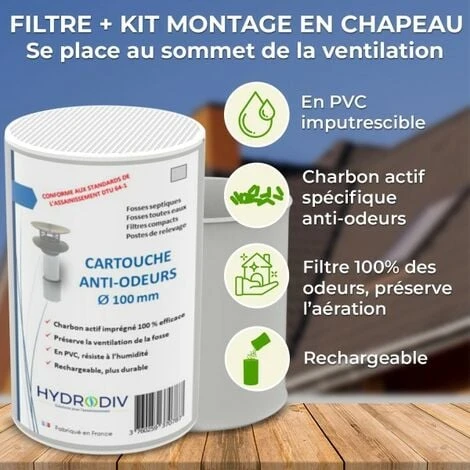 FILTRE ANTI-ODEURS AU CHARBON ACTIF POUR FOSSE SEPTIQUE, TOUTES EAUX, SANIFILTRE Ø 100 MM + MANCHON 4 FILTRE ANTI-ODEURS AU CHARBON ACTIF POUR FOSSE SEPTIQUE, TOUTES EAUX, SANIFILTRE Ø 100 MM + MANCHON – Image 2