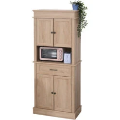 HOMCOM Armoire De Cuisine Multi-rangements 2 Placards 2 Portes Tiroir Niche MDF Panneaux Particules E1 Chêne Clair