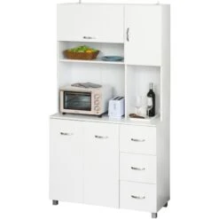 HOMCOM Armoire De Cuisine Multi-rangements 4 Portes 3 Tiroirs étagère + Grand Plateau 100L X 39l X 183H Cm MDF Blanc