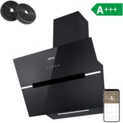 CIARRA Hotte Inclinee Tactile 60cm 650m/h Classe A++ Filtre Actif 4 Vitesses Recyclage Ou Evacuation - Verre Noir - CD6736FB