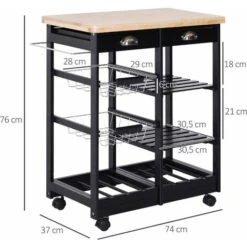 HOMCOM Chariot De Service Desserte De Cuisine à Roulettes Multi-rangements 74L X 37l X 76H Cm Plateau Bois Massif Pin Châssis MDF Noir -VIDAXL || Bosch || Whirlpool Soldes 55274195 3