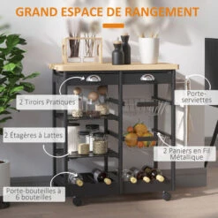 HOMCOM Chariot De Service Desserte De Cuisine à Roulettes Multi-rangements 74L X 37l X 76H Cm Plateau Bois Massif Pin Châssis MDF Noir -VIDAXL || Bosch || Whirlpool Soldes 55274195 4