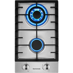Plaque De Cuisson à Gaz à 2 Brûleurs Encastrable De 30 Cm, Table De Cuisson à Gaz En Acier Inoxydable, Cuisinière Avec FFD Et Supports De Casseroles En Fonte [Classe énergétique A+] Thermomate GHSS302