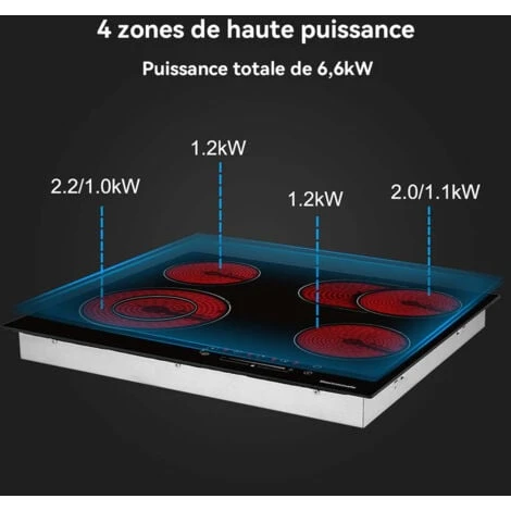 Table De Cuisson Vitrocéramique 4 Foyers 6700W Encastrable Plaque Vitrocéramique Intégré, Commande Tactile, Verrou Pour Enfants Thermomate CHTB604 4 Table De Cuisson Vitrocéramique 4 Foyers 6700W Encastrable Plaque Vitrocéramique Intégré, Commande Tactile, Verrou Pour Enfants Thermomate CHTB604 – Image 2