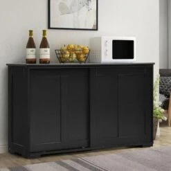 COSTWAY Buffet De Cuisine Avec Porte Coulissante, 107 X 33 X 60 CM, Buffet Bas Avec Étagère Réglable, Pour Salon Et Entrée, Noir