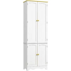 HOMCOM Armoire De Cuisine Contemporaine Multi-rangement 4 Portes 6 étagères Dim. 61L X 30,5l X 183H Cm Bois Pin MDF Blanc
