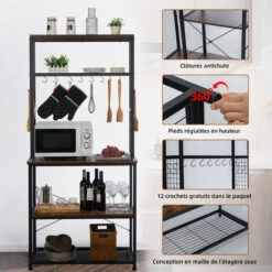 Meuble Cuisine, à 5 Niveaux, Avec 12 Crochets En S, Étagère De Cuisine En Panneau MDF Imperméable Et Écologique, Etagere Cuisine Stable, Clôtures Antichute, 85x40x163.5CM -VIDAXL || Bosch || Whirlpool Soldes 68848013 3