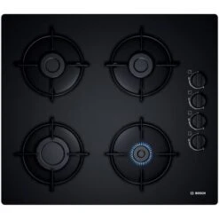BOSCH PLAQUE GAZ 60CM POP6B6B10 - 4 FOYERS - TABLE EN VERRE DUR - ALLUMAGE UNE MAIN - CADRE A SURFACES AFFLEURANTES - COULEUR NO