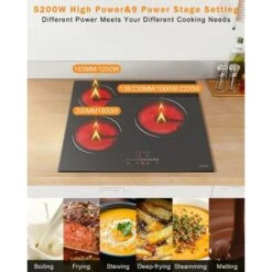 Hobsir Plaque Vitrocéramique, Plaque De Cuisson Vitrocéramique 3 Feux, Table De Cuisson Vitrocéramique 5200W, 9 Niveaux De Puissance, Encastrable, Pas De Prise,Surface En Verre Noir, Facile à Nettoyer -VIDAXL || Bosch || Whirlpool Soldes 71381793 3