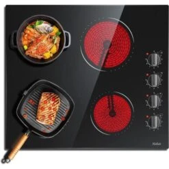 Hobsir Plaque Vitrocéramique 6000W, Plaque De Cuisson Vitroceramique 4 Feux, 9 Niveaux De Puissance, 4 Zones De Cuisson, Surface En Verre Noir Poli 59 Cm, Bouton De Commande, Fil Dur, Pas De Prise