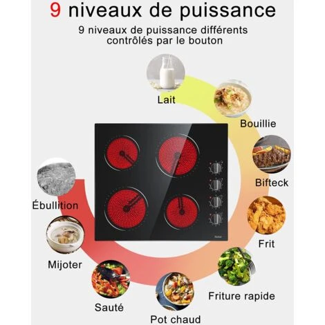 Hobsir Plaque Vitrocéramique 6000W, Plaque De Cuisson Vitroceramique 4 Feux, 9 Niveaux De Puissance, 4 Zones De Cuisson, Surface En Verre Noir Poli 59 Cm, Bouton De Commande, Fil Dur, Pas De Prise 6 Hobsir Plaque Vitrocéramique 6000W, Plaque De Cuisson Vitroceramique 4 Feux, 9 Niveaux De Puissance, 4 Zones De Cuisson, Surface En Verre Noir Poli 59 Cm, Bouton De Commande, Fil Dur, Pas De Prise – Image 4