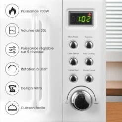 COSTWAY Four à Micro-ondes 20 L 700 W à Style Rétro, Avec 5 Niveaux De Puissance, 8 Cuissons Préprogrammées, Chauffage à 360°, Fonction De Dégivrage Et De Cuisson Automatique, Blanc -VIDAXL || Bosch || Whirlpool Soldes 72003878 3