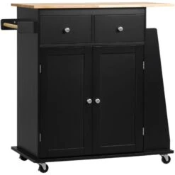 HOMCOM Desserte De Cuisine Multi Rangements 2 Tiroirs Placard 2 Portes Avec étagère 3 Range-bouteilles Porte-torchons MDF Noir Hévéa