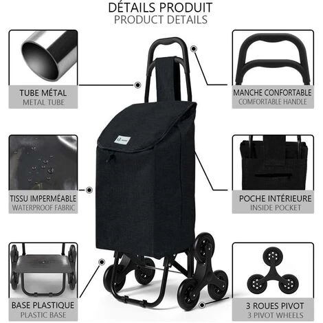 Chariot De Courses Pliable Monte Escalier Style Oxford Noir 5 Chariot De Courses Pliable Monte Escalier Style Oxford Noir – Image 3