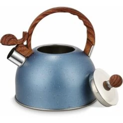 Bouilloire Sifflante En Acier Inoxydable, Bouilloire De Camping Légère, Bouilloire Avec Manche En Bois, 2,5 L, Bleu