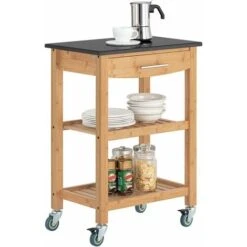 Chariot De Cuisine De Service Roulant, Desserte Sur Roulettes En Bambou Plateau En Granit L58xP40xH87cm (Noir) SoBuy® FKW28-SCH