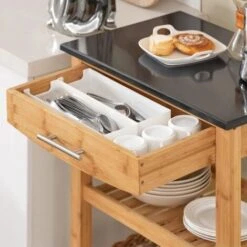 Chariot De Cuisine De Service Roulant, Desserte Sur Roulettes En Bambou Plateau En Granit L58xP40xH87cm (Noir) SoBuy® FKW28-SCH -VIDAXL || Bosch || Whirlpool Soldes 7927822 4