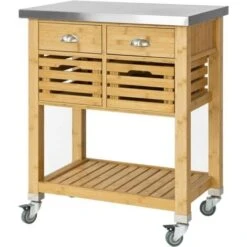 SoBuy FKW40-N Desserte Sur Roulettes Armoire De Rangement Cuisine En Bambou - Plan De Travailen En Acier Inox Résistant Aux Empreintes Digitales
