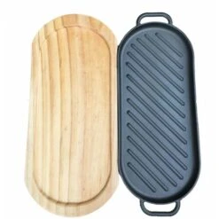 MINKUROW Plaque Plat En Fonte Poêle À Griller Avec Plateau En Bois Poêle Anti- Adhésive Teppanyaki Plaque Pour La Maison Cuisine