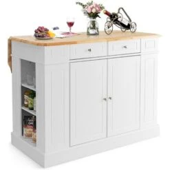 COSTWAY Ilot Central Cuisine Comptoir En Bois De Caoutchouc Et Étagères Réglables à 3 Niveaux, Desserte De Cuisine De Service Avec Tiroirs, Supports Latéraux Et 2 Portes 120x61x92cm