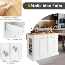 COSTWAY Ilot Central Cuisine Comptoir En Bois De Caoutchouc Et Étagères Réglables à 3 Niveaux, Desserte De Cuisine De Service Avec Tiroirs, Supports Latéraux Et 2 Portes 120x61x92cm -VIDAXL || Bosch || Whirlpool Soldes 86501448 3