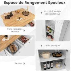 COSTWAY Ilot Central Cuisine Comptoir En Bois De Caoutchouc Et Étagères Réglables à 3 Niveaux, Desserte De Cuisine De Service Avec Tiroirs, Supports Latéraux Et 2 Portes 120x61x92cm -VIDAXL || Bosch || Whirlpool Soldes 86501448 4