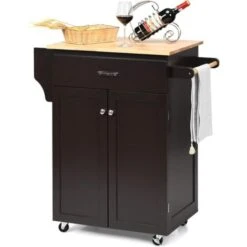 GOPLUS Desserte Îlot De Cuisine Roulant En Bois De Caoutchouc, Tiroir, 2 Portes, Support à Épices, Porte-Serviettes, Chariot De Service Sur Roues Verrouillables, 82 X 48 X 91 Cm, Marron