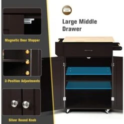 GOPLUS Desserte Îlot De Cuisine Roulant En Bois De Caoutchouc, Tiroir, 2 Portes, Support à Épices, Porte-Serviettes, Chariot De Service Sur Roues Verrouillables, 82 X 48 X 91 Cm, Marron -VIDAXL || Bosch || Whirlpool Soldes 89407488 4