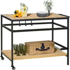 OUTSUNNY Desserte De Jardin Chariot Pour Plancha Barbecue En Bois Et Métal Avec 2 étagères Et 3 Crochets - 107 X 65 X 80 Cm Noir Naturel